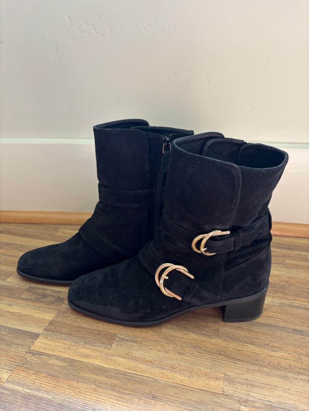 Stuart Weitzman Britain Black Suede Boots with Gold Buckle Accents